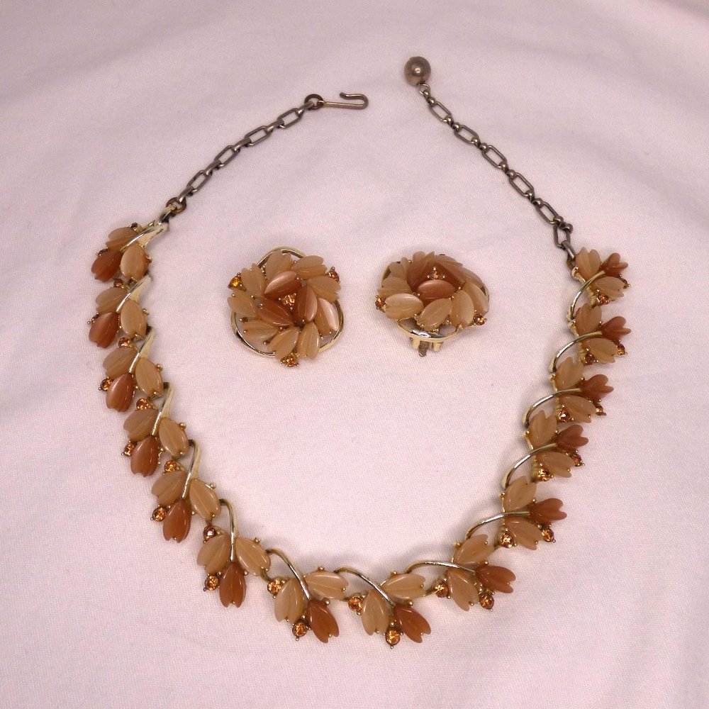 Vintage Mid-Century Copper Lucite & Amber Crystal Choker Necklace & Clip Earring